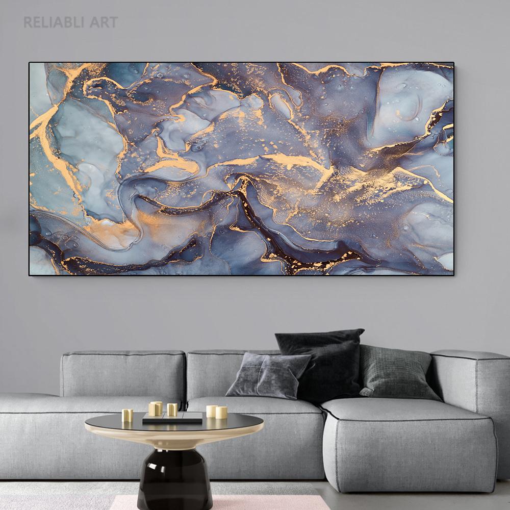 Abstract Dark Gray Blue and Gold Fluid Art Canvas Painting Luxury Gold Foil Posters and Prints for Living Room Decor Cuadros