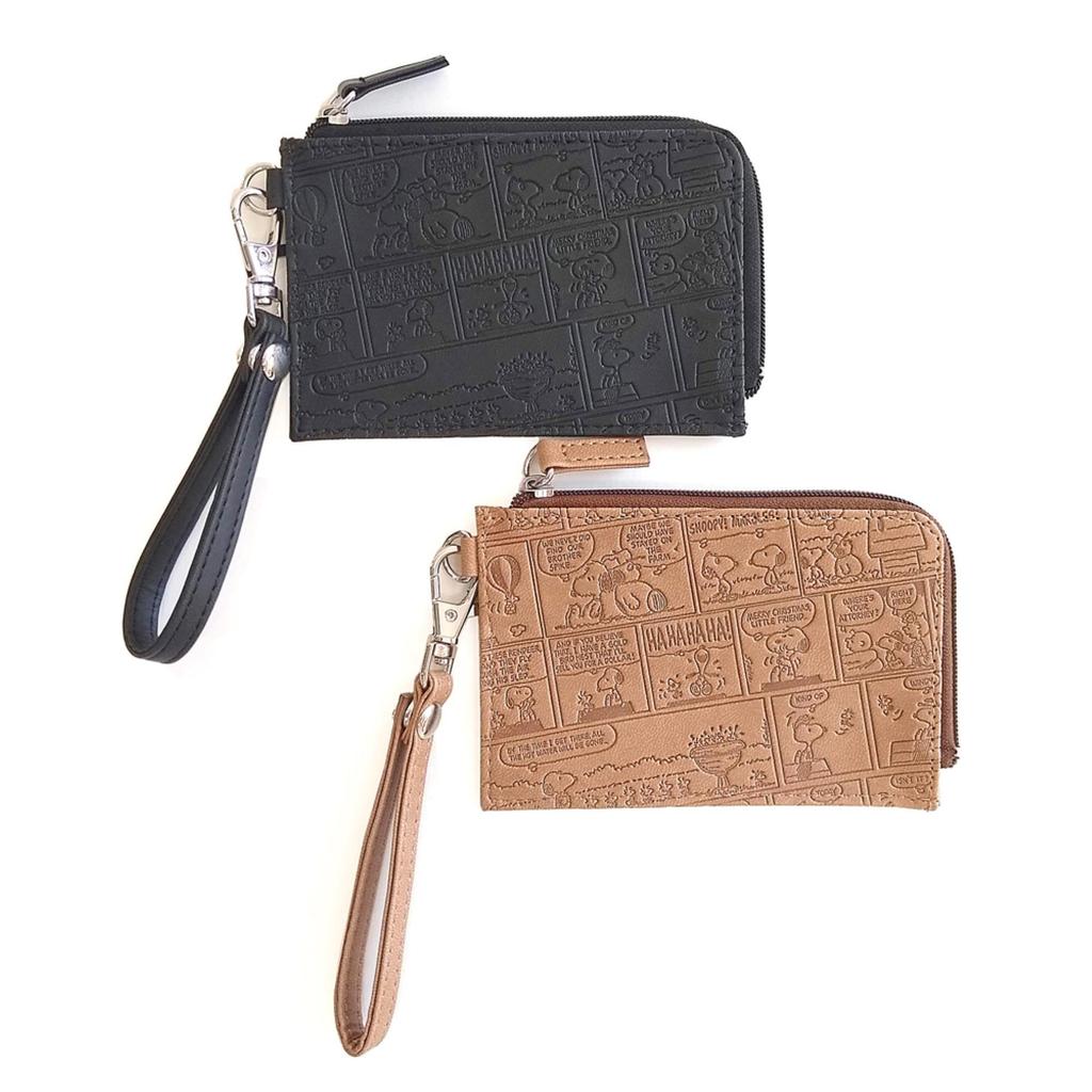 Snoopy Pass Case, Card Case, Key Case with Key Ring, Stylish Faux Leather Zip Case with Cute Embossed Design, All Comics, Brown