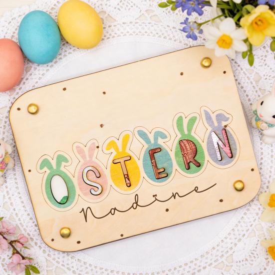 Wooden Easter Greeting Card Handmade OSTERN Rabbit Ear Colorful Egg Decoration Sign