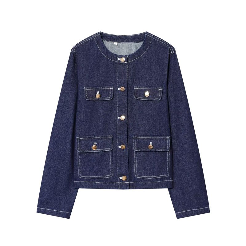 Kaslead New Women Clothes Western Style Fashion Simple and Versatile Collarless Denim Coat 1297060