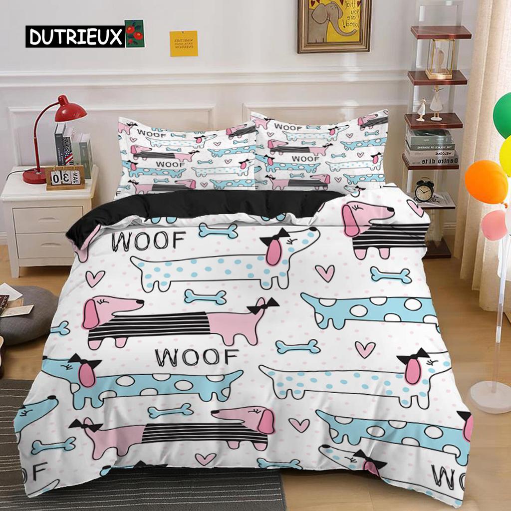 Dachshund Duvet Cover Set Cartoon Style Dachshunds King Size Bedding Set for Dog Lovers Kids Teens 2/3pcs Twin Comforter Cover