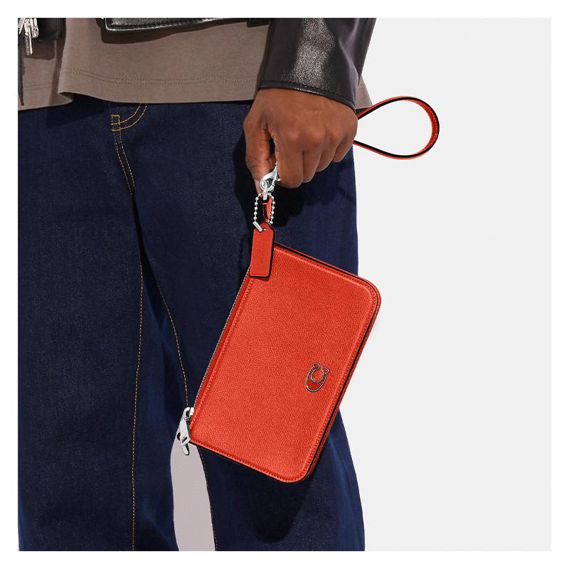 Coach Pouch 20 Embossed Letter Logo Zipper Cross-grain Leather with Canvas Clutch Shoulder Bag Women's Orange-red