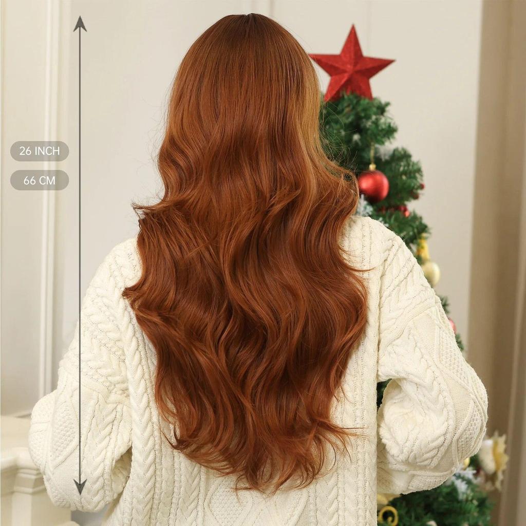 LOUIS FEREE Long Wavy Wig With Bangs Red Brown Ginger Copper Synthetic Wigs for Women Natural Wave Curly Wigs Heat Resistant Hair for Daily