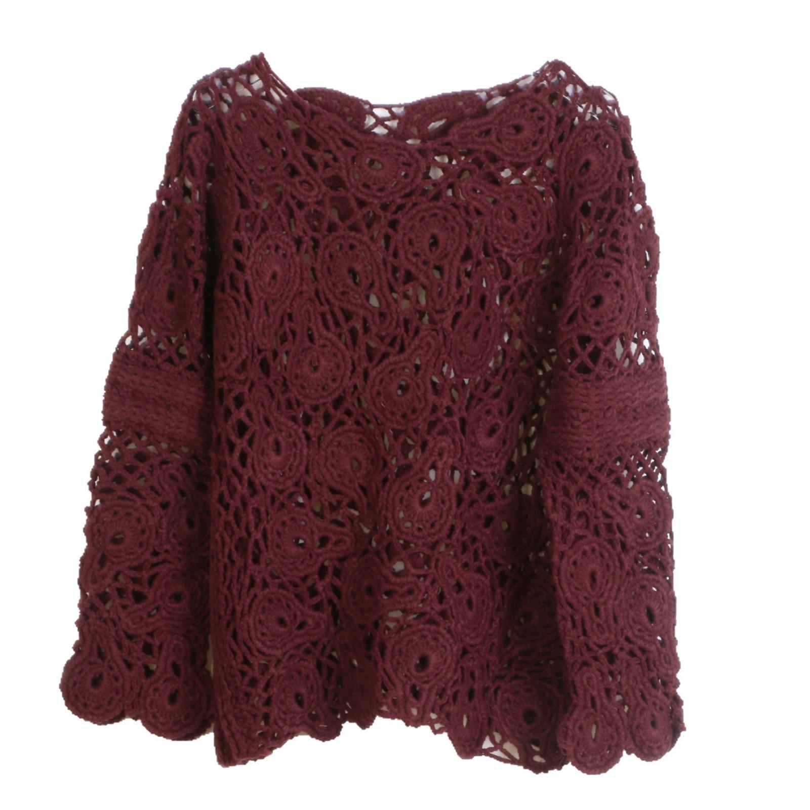 

Женский сверхпрочный свитер ручной вязки крючком с ажурным узором - однотонный, с длинным рукавом, с круглым вырезом M