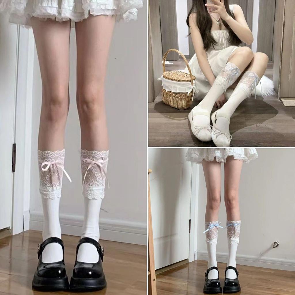 Lolita Lace Knee Socks White Women'S Ribbon Bow Medium Stockings Jk Autumn Thin Calf Socks