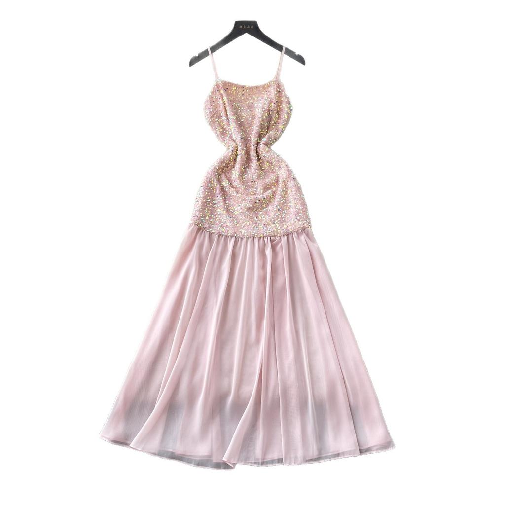 French heavy industry sequined neck splicing mesh dress women's waist A-shaped long dress design temperament dress dress