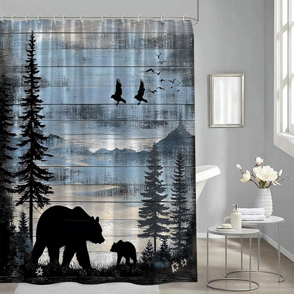 Rustic Forest Bear Shower Curtain Cabin Farmhouse Animal Country Lodge Retro Wooden Board Tree Wildlife Blue Vintage Hunting