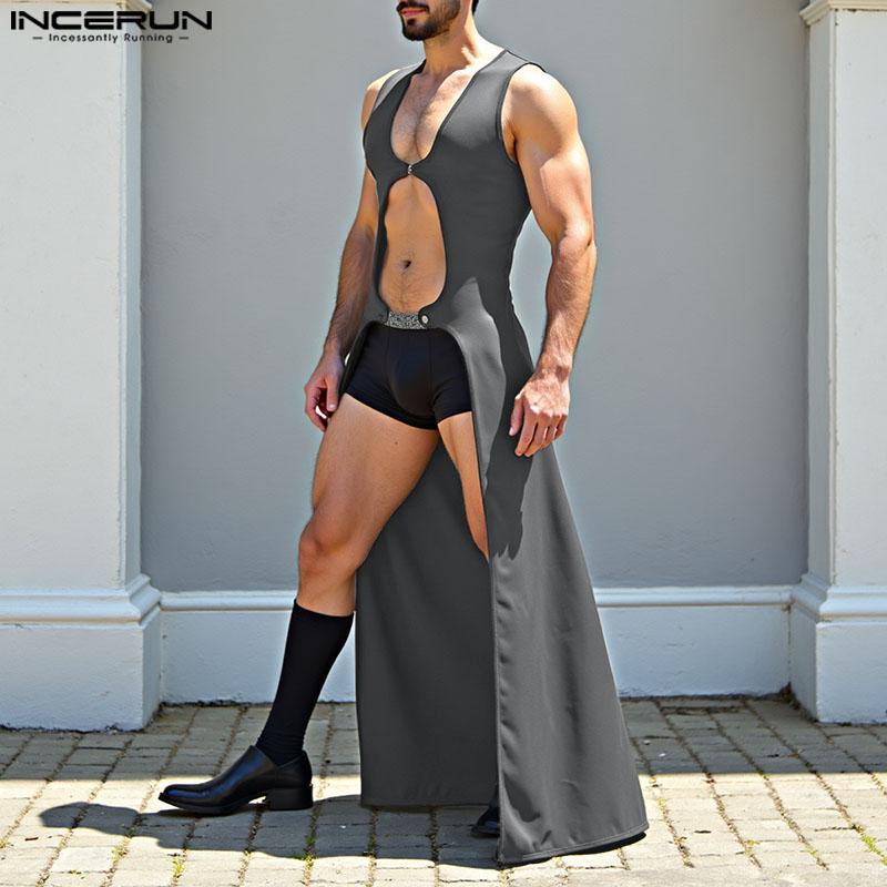 INCERUN Men U Neck Sleeveless Cutout Button Casual Long Tanks Cardigan