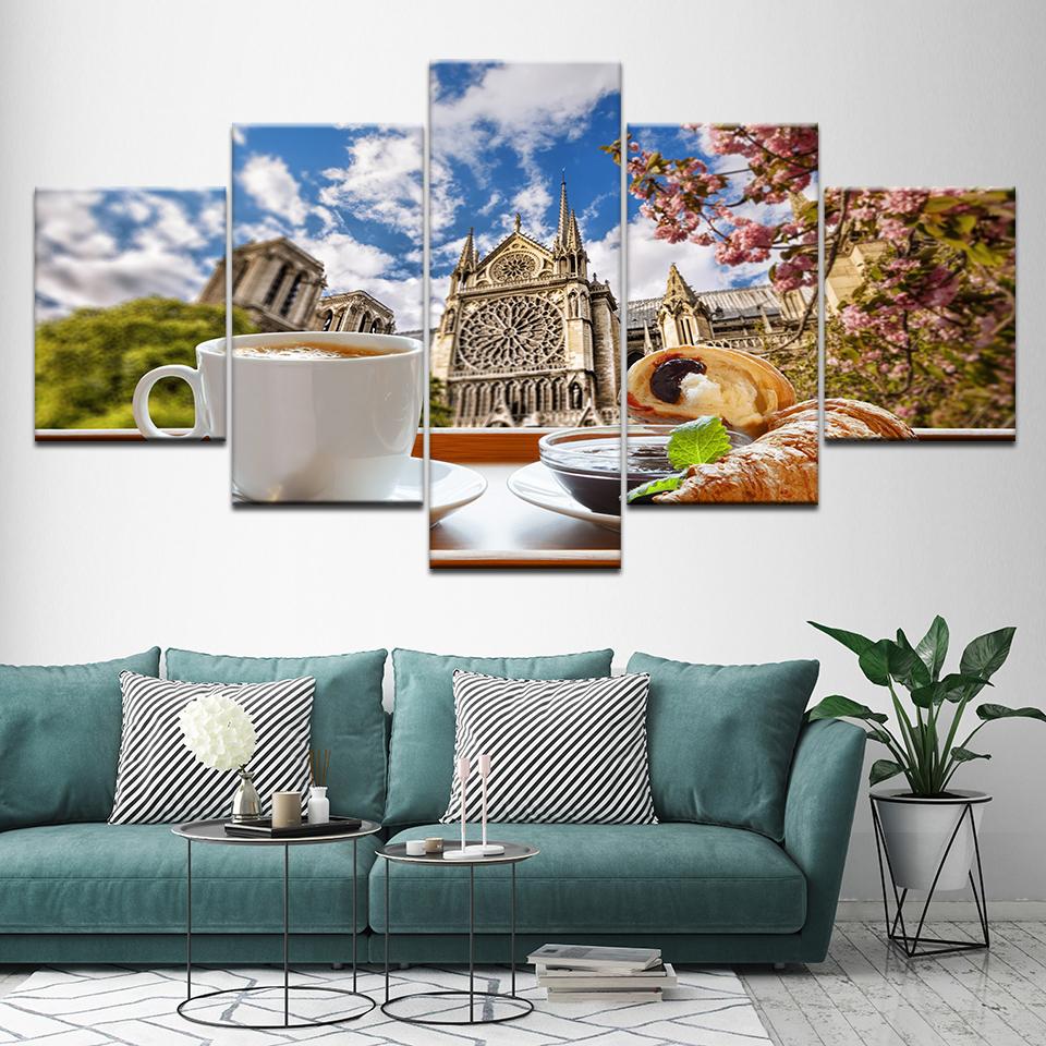 

Canvas Painting Tea time coffee bread in Pair city 5 Pieces Wall Art Modular Wallpapers Poster Print for living room Home Decor 20x35 20x45 20x55cm