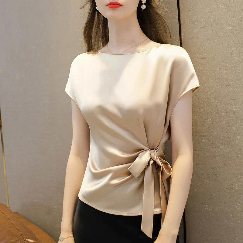 WTEMPO Solid Color Spring Summer Ice Silk Shirts with Pleated Bow Short Sleeve Retro Elegant Casual Loose Thin Tops