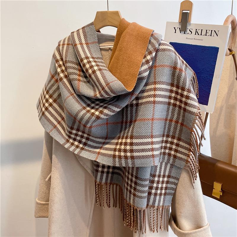Sweet Plaid Scarf Women's Versatile Imitation Cashmere Thickened Double-sided Fringed Shawl Long Scarf One Piece