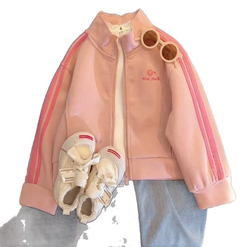 Girls Stand Collar Baseball Jacket Spring Autumn Long Sleeve Cardigan Sweatshirt Casual Top for Big Kids