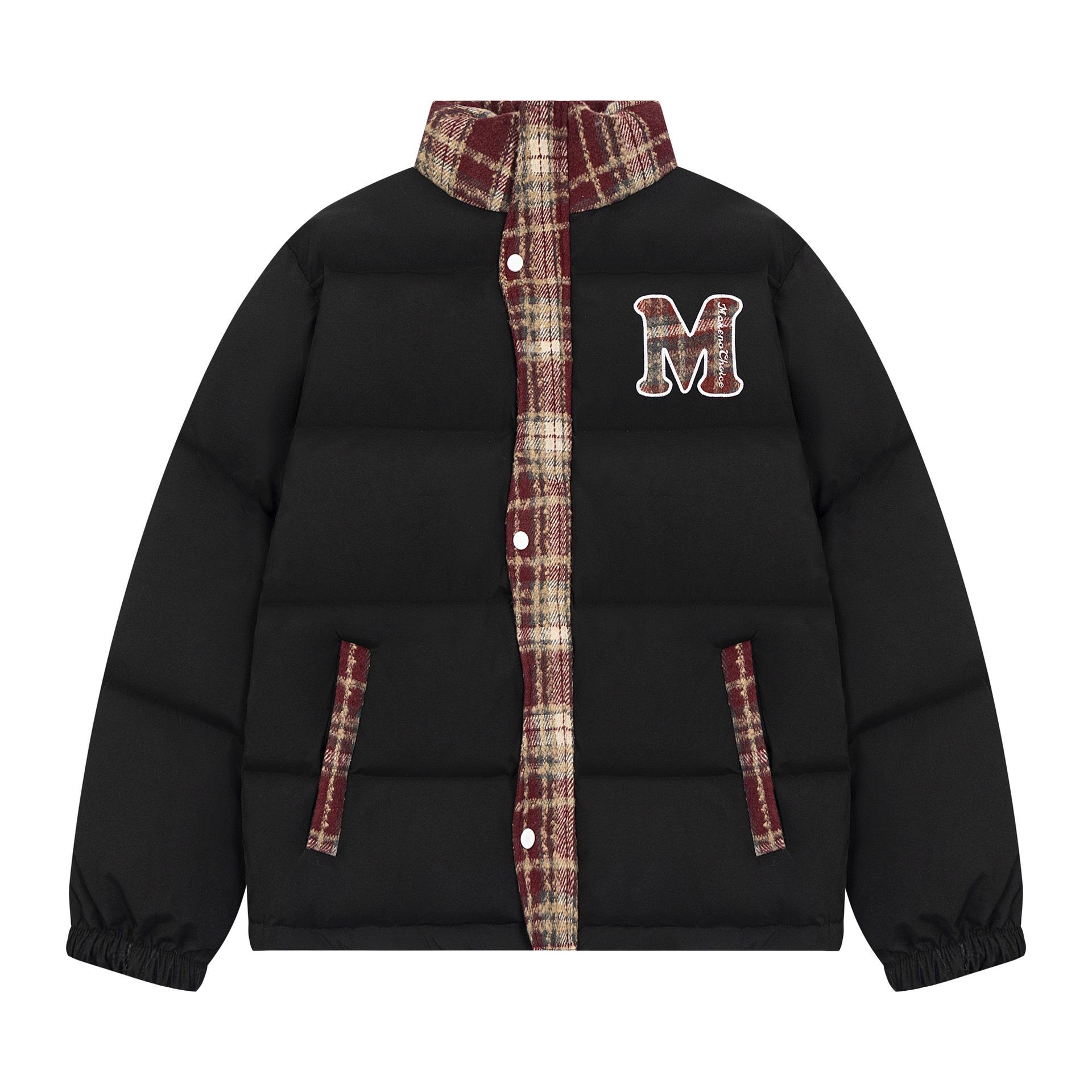 Retro Chinese & American Style Plaid Patchwork Winter Coat Jacket for Men & Women - Loose, Thick, Cotton Outerwear XL чёрный