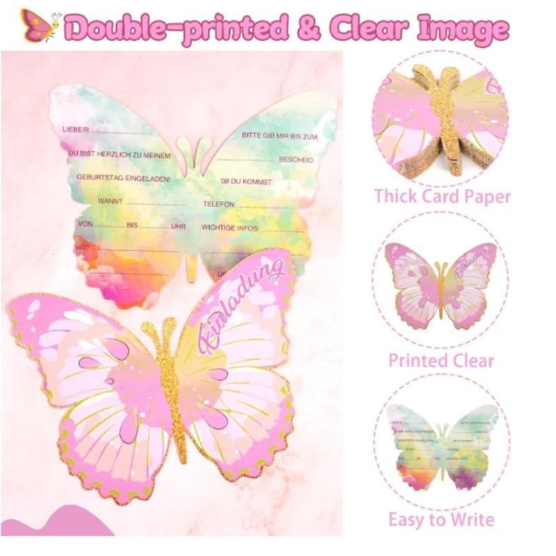 Schmetterling Einladungsbrief Für Kindergeburtstag, 12 Einladungsbriefe Für Mädchen Und Jungen Geburtstag, Umschlag, Siegelstreifen