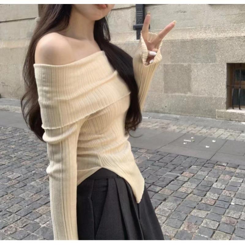 Autumn retro one-word shoulder pullover shows thin split irregular new thin casual knitted sweater top women