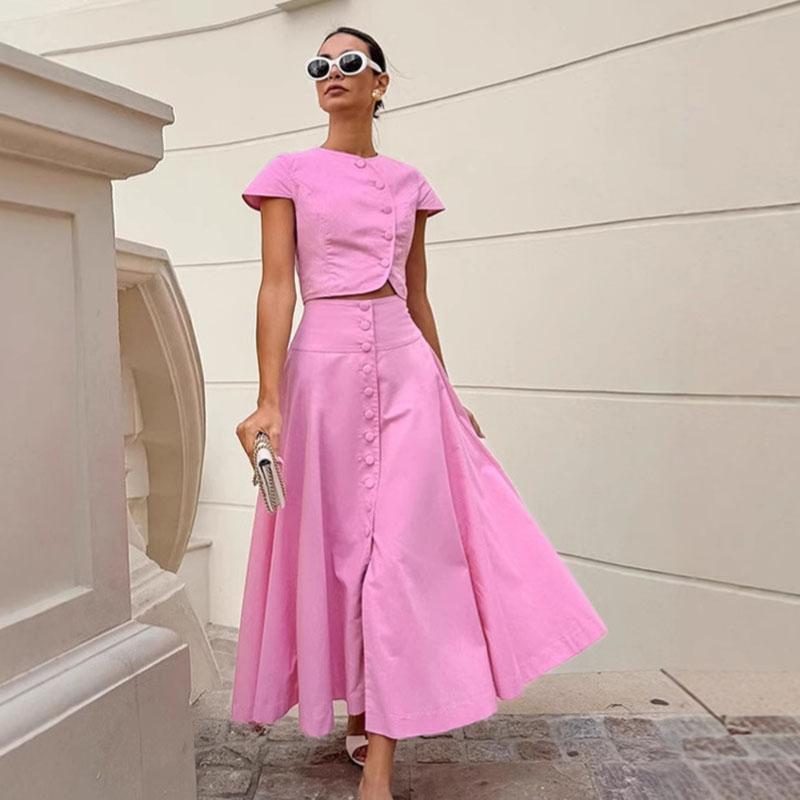 Women Vest Skirt Suit Solid Color O-neck Single Breasted Short Sleeve Short Top Button Wide Leg Skirts Female Summer Lady Beach Wears