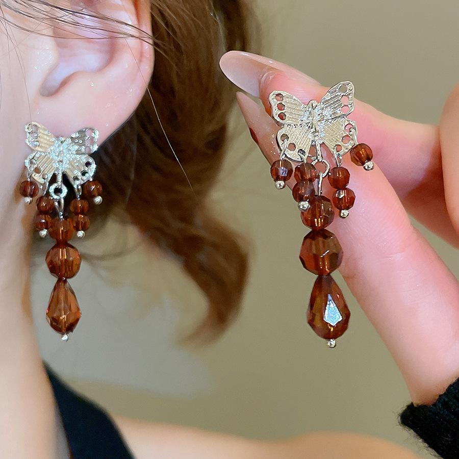 Red Butterfly Glass Long Pendant Earrings for Womne Wedding Party Jewelry