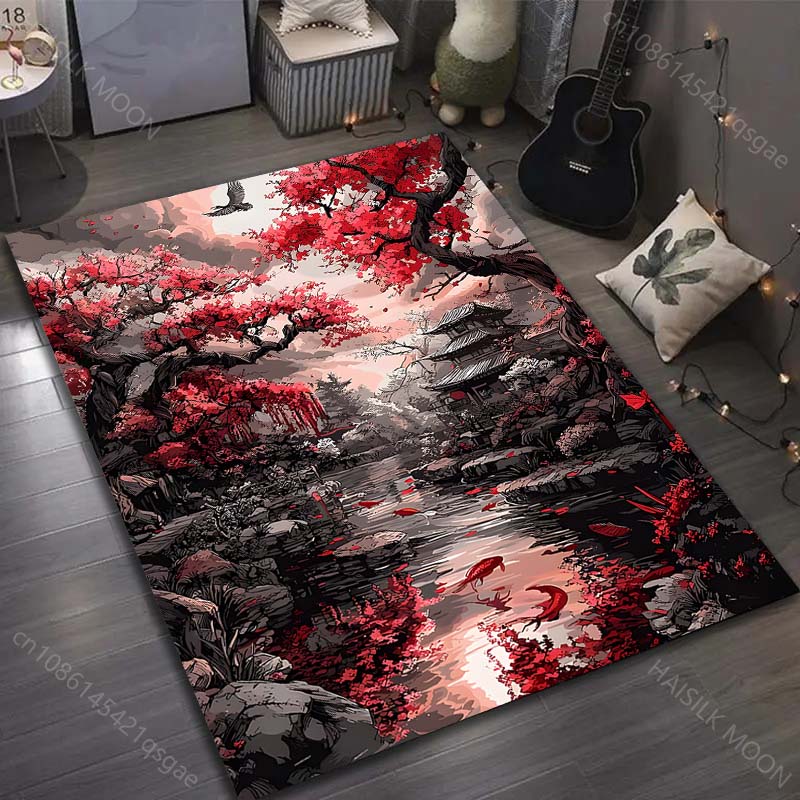 

1PC Red maple trees and Japanese garden Carpet for Living Room Bedroom Sofa Home Decor Rus Non-slip Floor Mat Luxury Gift 40cm x 60cm