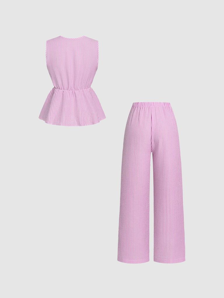 Summer Striped Casual Set: Color Block Vest & Solid Long Pants