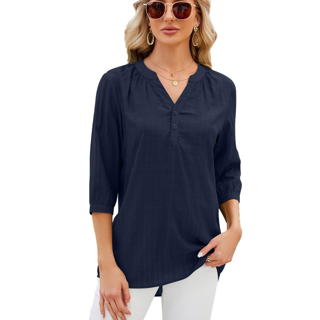 Spring Summer Women's Solid Color V Neck Loose Half Sleeve Casual Top