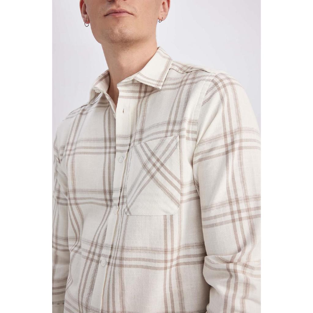 Modern Fit Polo Neck Long Sleeve Checked 100% Cotton Shirt