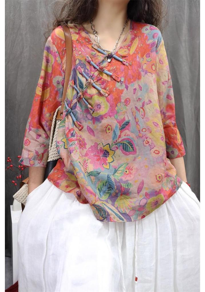 Asymmetrical Linen Frog Button Chinese Style Shirt, Spring/Summer 2026, Slimming Three-Quarter Sleeve Pullover.