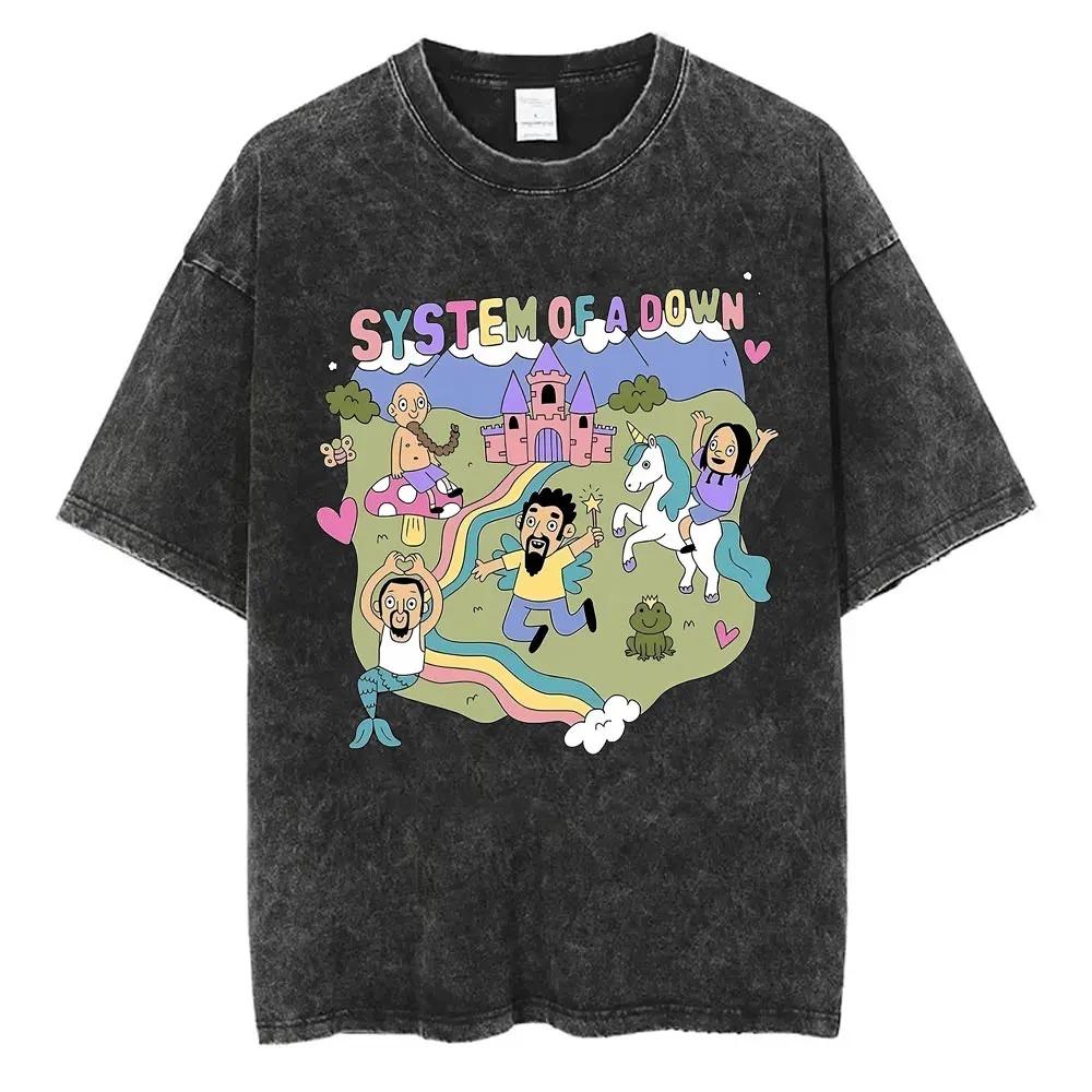 2026 Washed Vintage System of A Down Tshirt Men Women Cotton Quality Short Sleeve Tees Male Rock Music Band Cartoon Graphic T Shirts Y2K