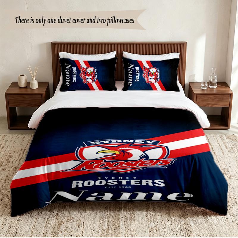 Sydney Roosters Personalized Custom Name 3‑Piece Bedding Set Soft Duvet Cover Set For Bedroom Home Decor