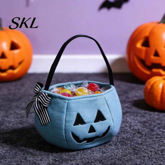 Festive Pumpkin Decoration Halloween Candy Bag for Kids, Trick or Treat Tote Cute Gift with Handle, Reusable Snack Bucket Party Favors Large