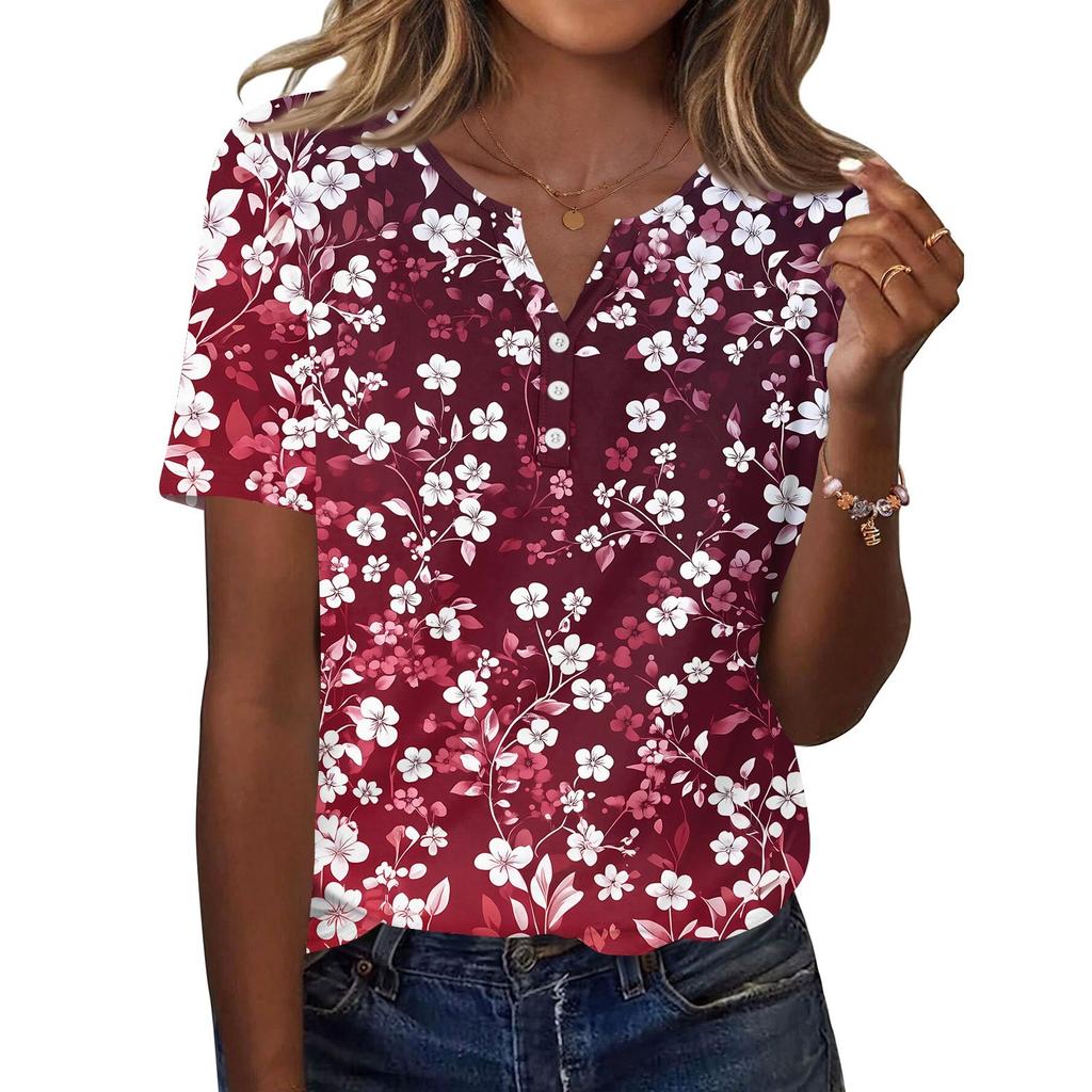 Women's T Shirt Print Button Short Sleeve Daily Weekend Fashion Basic V- Neck Regular Top