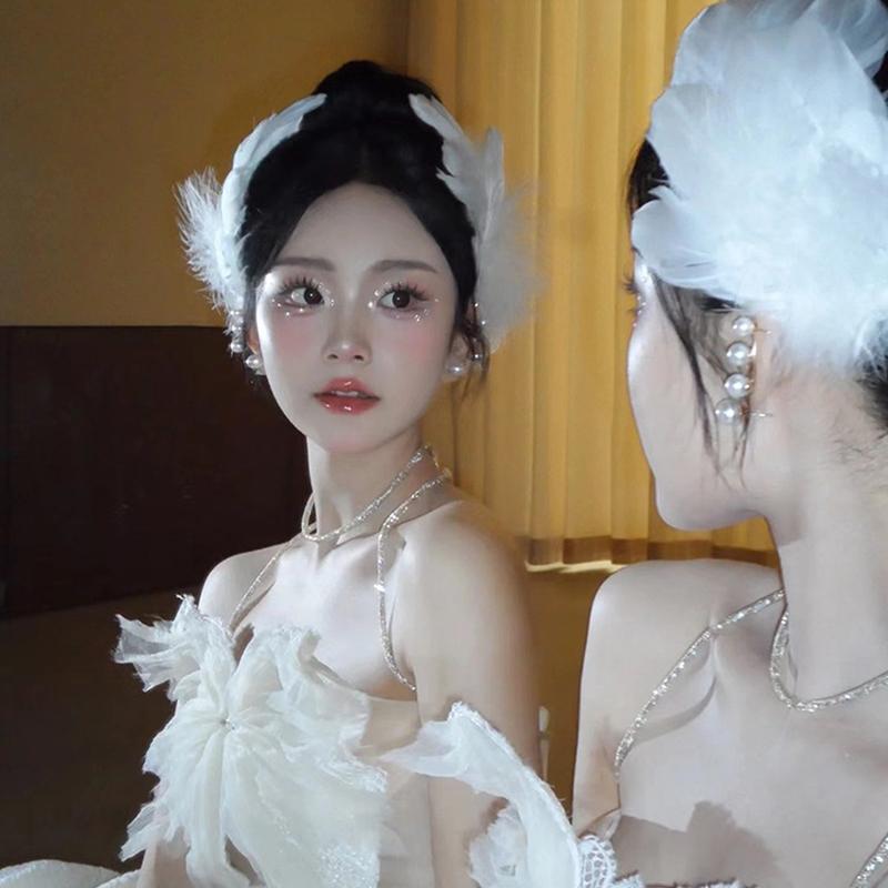 White Swan Feather Faux Pearl Hairpin Headwear Ballet Style Stage Performance Side Clip Girl Party Hair Accessories Gifts