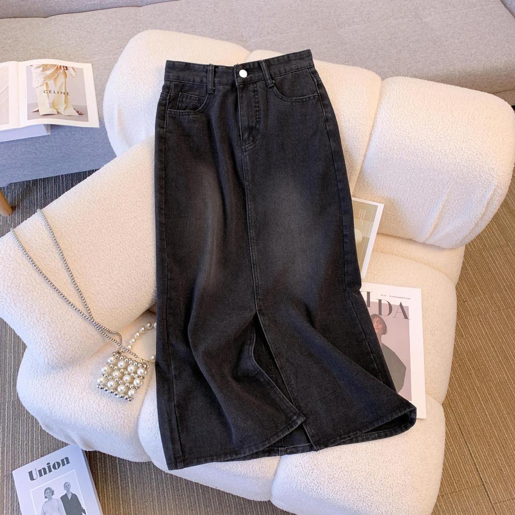 2024 Summer High-Waist Retro Denim Midi Skirt with Slit