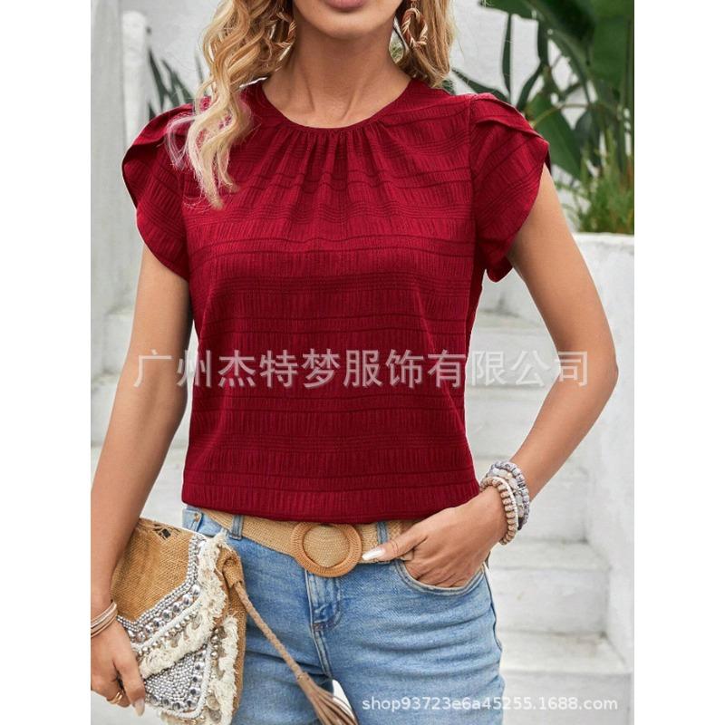 Damen Frühling und Sommer Neue Rundhals Blütenblatt Ärmel Temperament Kurzarm Tops