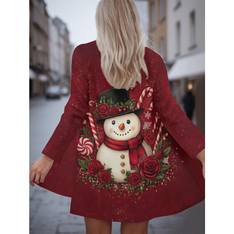 

2025 рождественская тема Женский кардиган Снеговик Роза , бордово-красный 3D-принт, с открытой передней частью, длинный рукав, зимний повседневный стиль 5XL