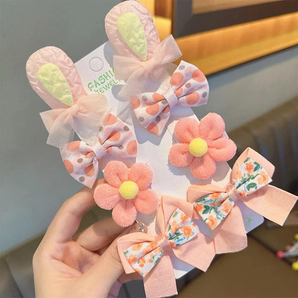 8pcs/set Cute Cartoon Rabbit Ear Hairpin Fabric Embroidery Flower Bowknot Hair Clips Girls Headwear Hair Accessories
