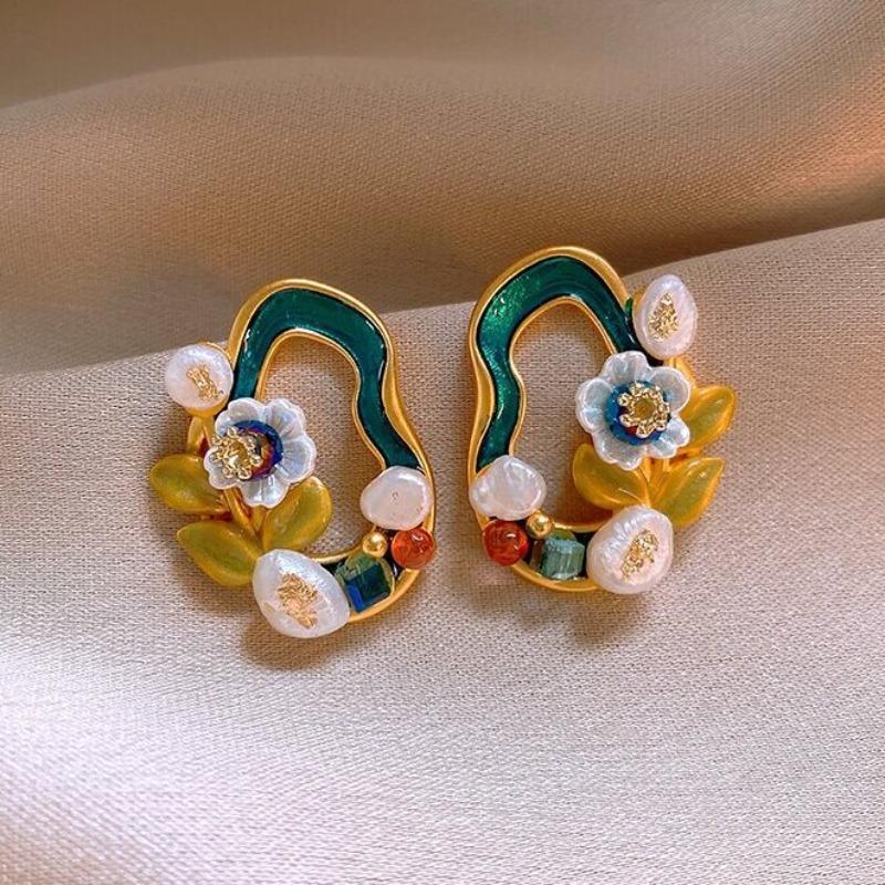 French Court Style Colored Enamel Glaze Double-layer Flower Stud Earrings Retro Pearl Design Earrings Monet Garden Decoration