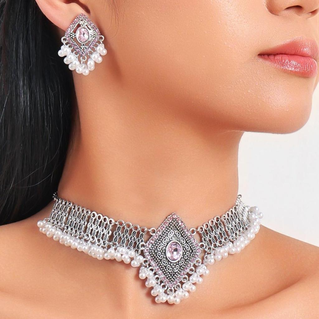 Ethnische geometrische Perlenquaste Rhombus Halsketten- & Ohrring-Set für Damen