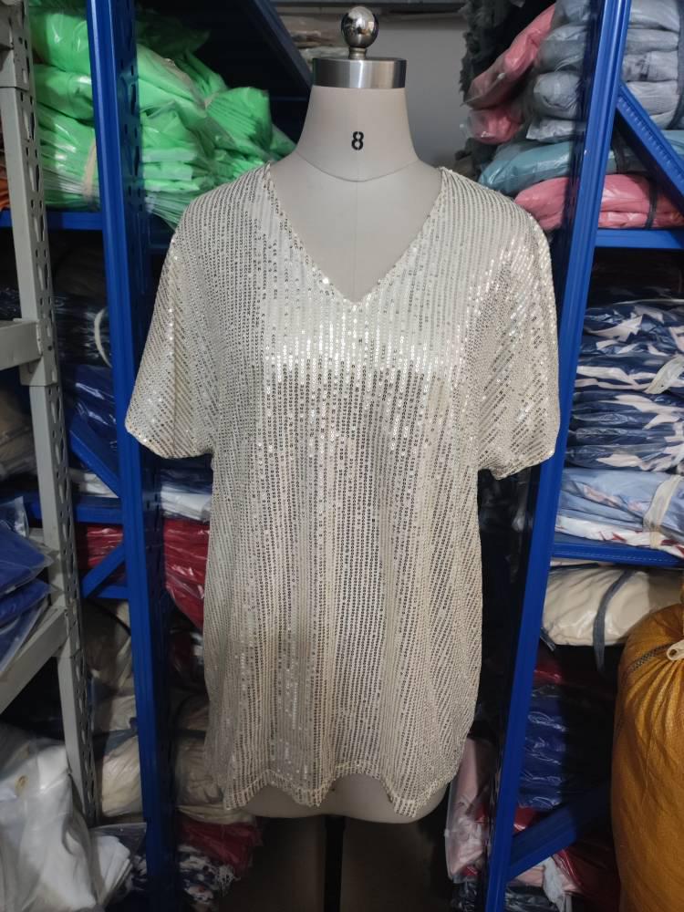 In Stock! 2021 Women's Summer Casual Loose Fit Sequin T-Shirt, Solid Color Short Sleeve Pullover