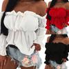 Women Sexy Solid Color Long Sleeve Off Shoulder Ruffled Edges Short Blouse Top