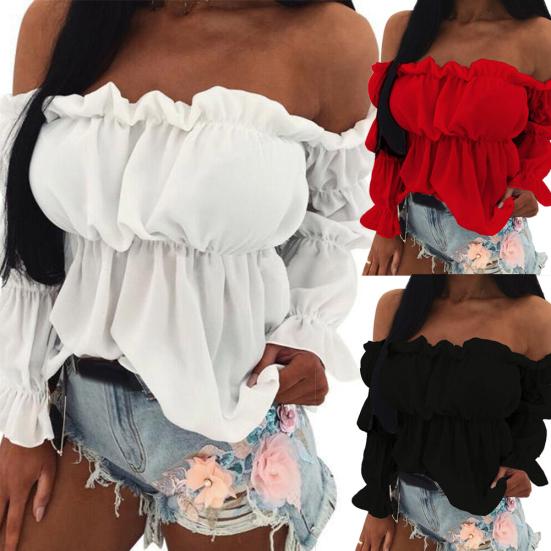 Women Sexy Solid Color Long Sleeve Off Shoulder Ruffled Edges Short Blouse Top