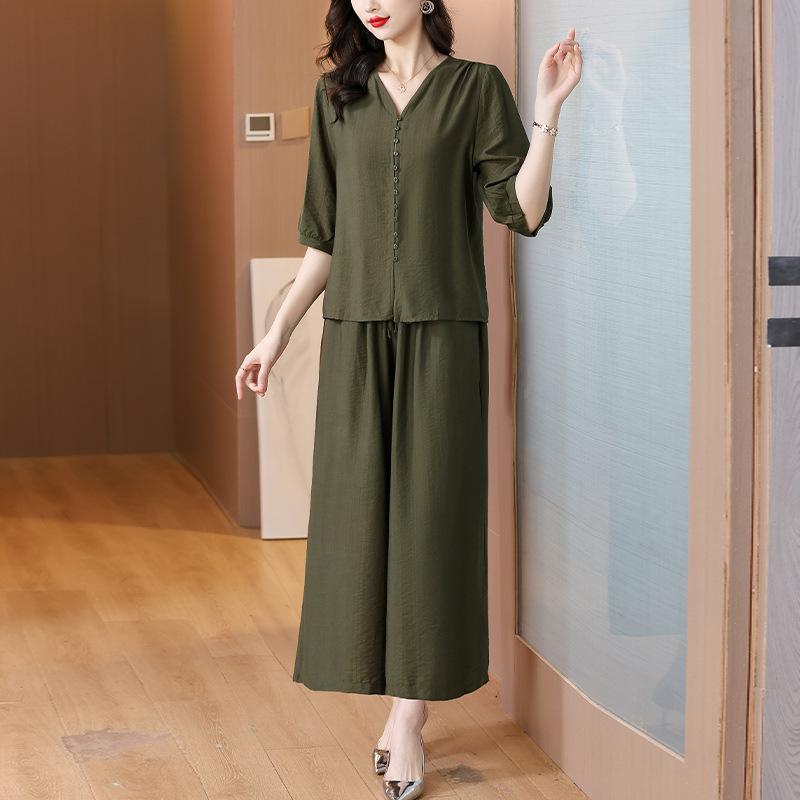 Summer Casual Korean Style Slimming Suit Top and Bottoms 2-Piece Set for Middle-Aged Mothers Fashionable Bell Bottoms