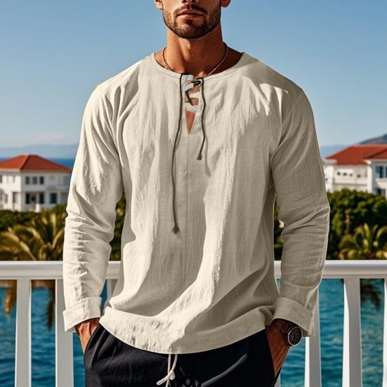 Herren-T-Shirt aus Baumwolle mit V-Ausschnitt, langärmelig, lockere Passform, einfarbig, lässiges Sommeroberteil für den Alltag, Straßenparty, Strand