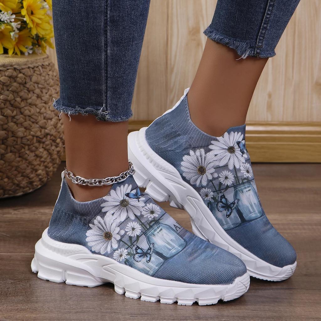 Fashion Letters Floral Print Platform Sneakers for Women Fashion Knitting Casual Sports Shoes Woman Non Slip Breathable Running Shoes