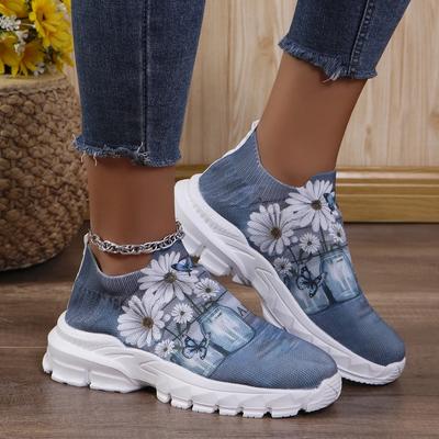 Buchstaben Blumenmuster Plateau-Sneaker für Damen Mode Strick Casual Sportschuhe Frau Rutschfest Atmungsaktiv Laufschuhe