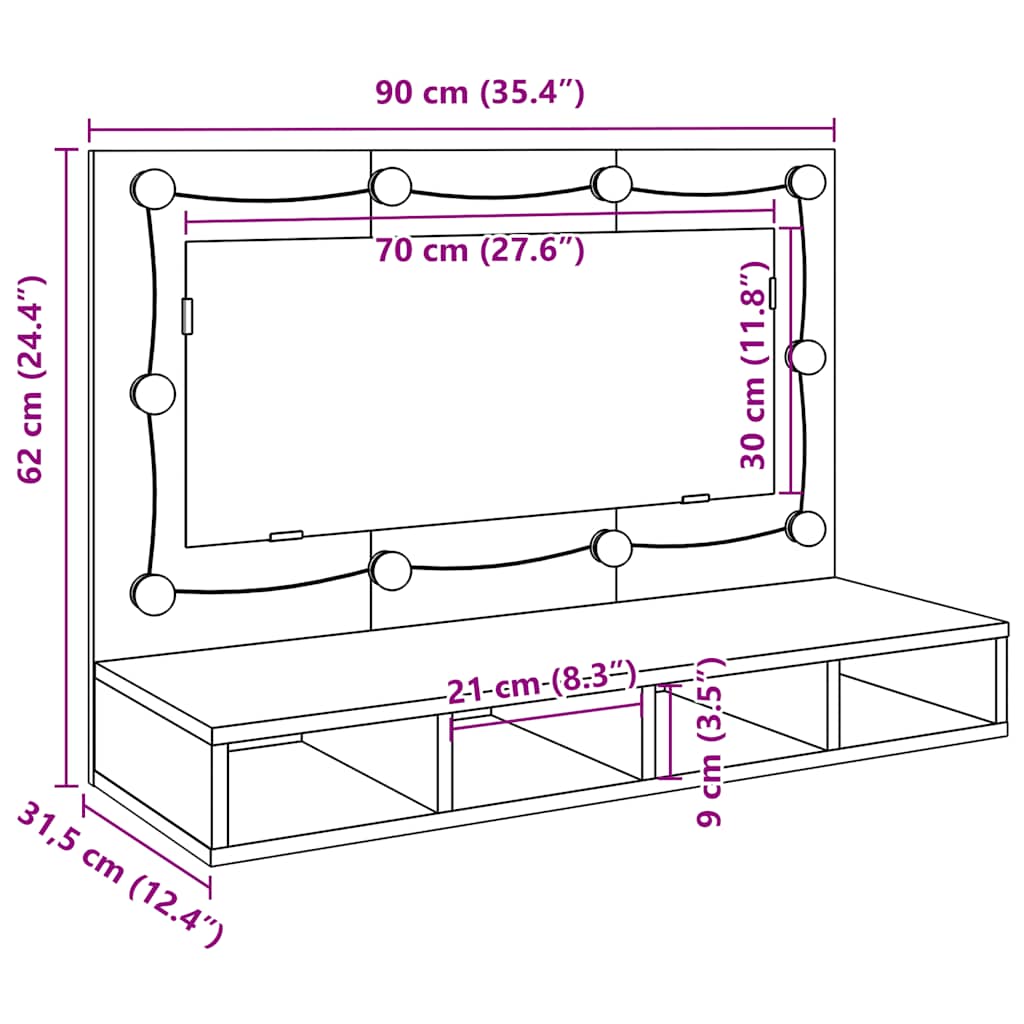LED Mirror Cabinet In Artisan Oak 90 X 31.5 X 62 Cm
