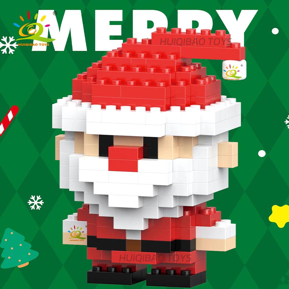 HUIQIBAO Mini Christmas Tree Santa Claus Children Train Model Micro Bricks Building Block Snowman Elk Bricks Toys New Year Gift