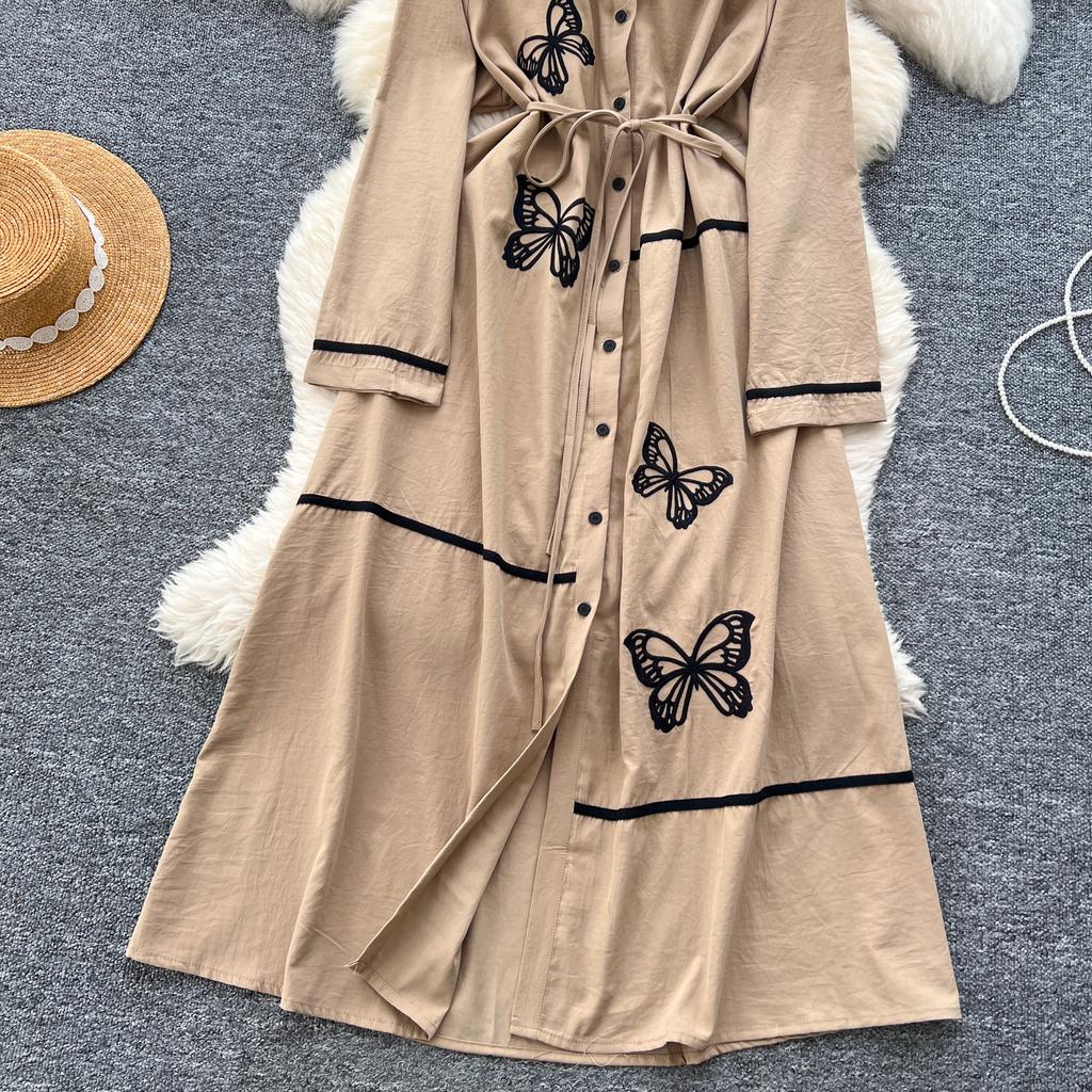Elegant Butterfly Embroidered Polo-neck Vintage Long Sleeves Single Breasted Slim A-line Long Dress French High Street Clothing