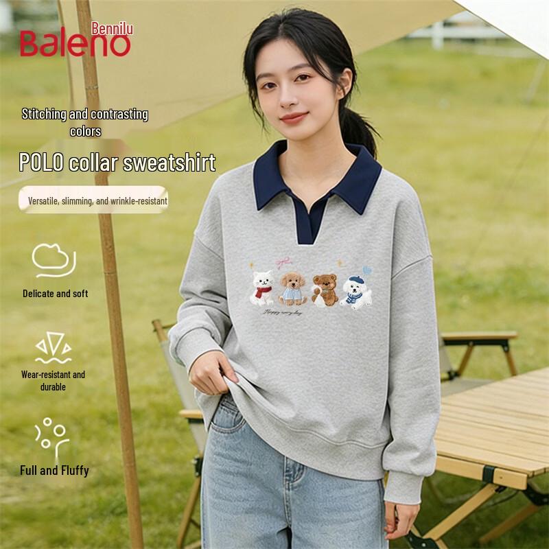 Baleno Women's Polo Collar Cartoon Print Loose Sweatshirt