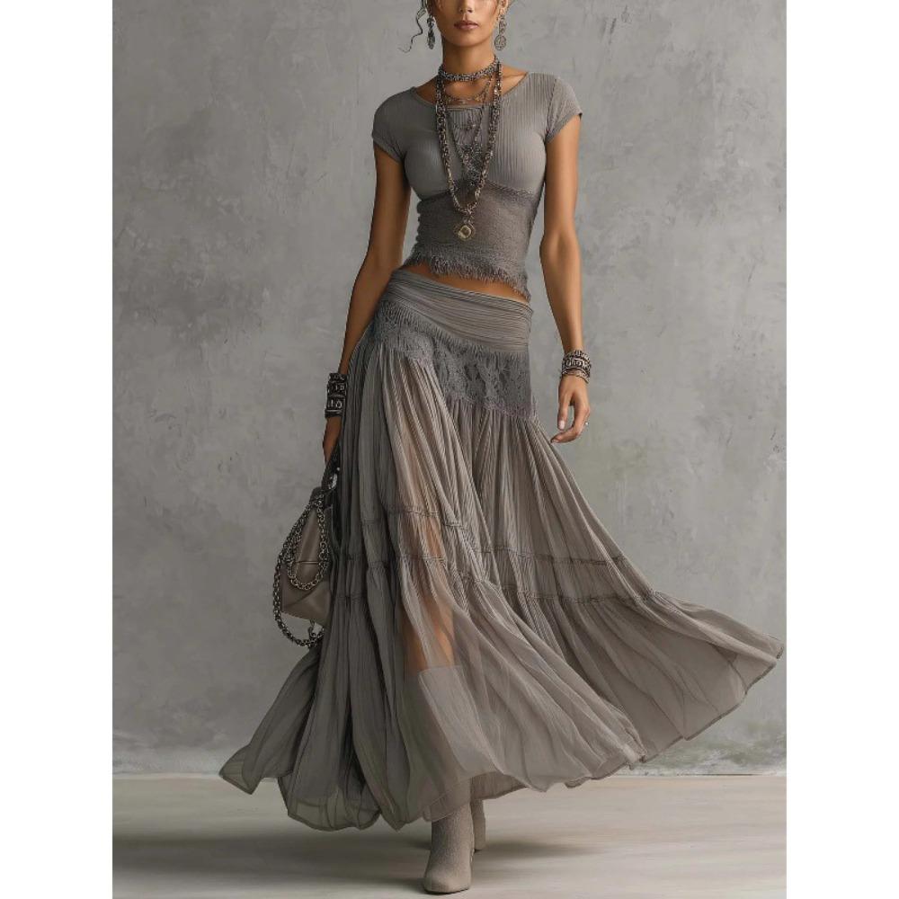 

Europe, America, gray knitted top + chiffon dress set, women s fashion elegant two-piece set XS серый