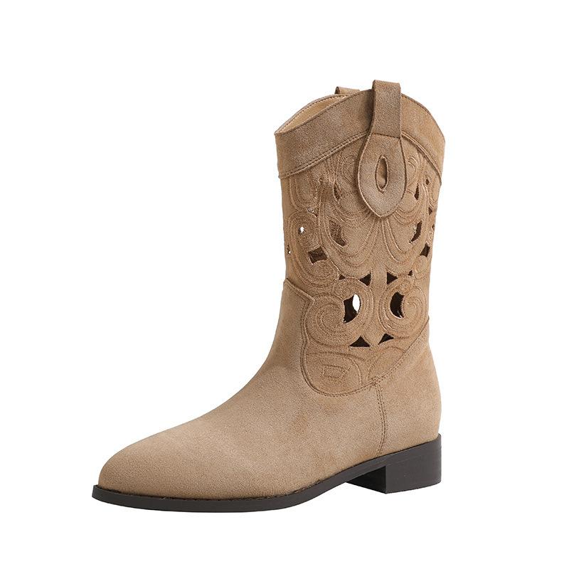 Vintage Western Cowboy Boots Embroidery Hollow Heel Knight Boots Women's Autumn Prairie Travel Cool Boots Breathable Short Boots